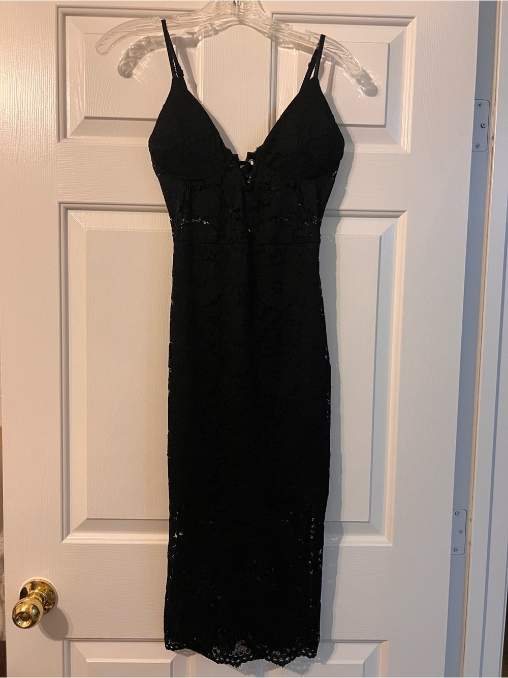 bebe Black Lace Midi Dress with Spaghetti Straps